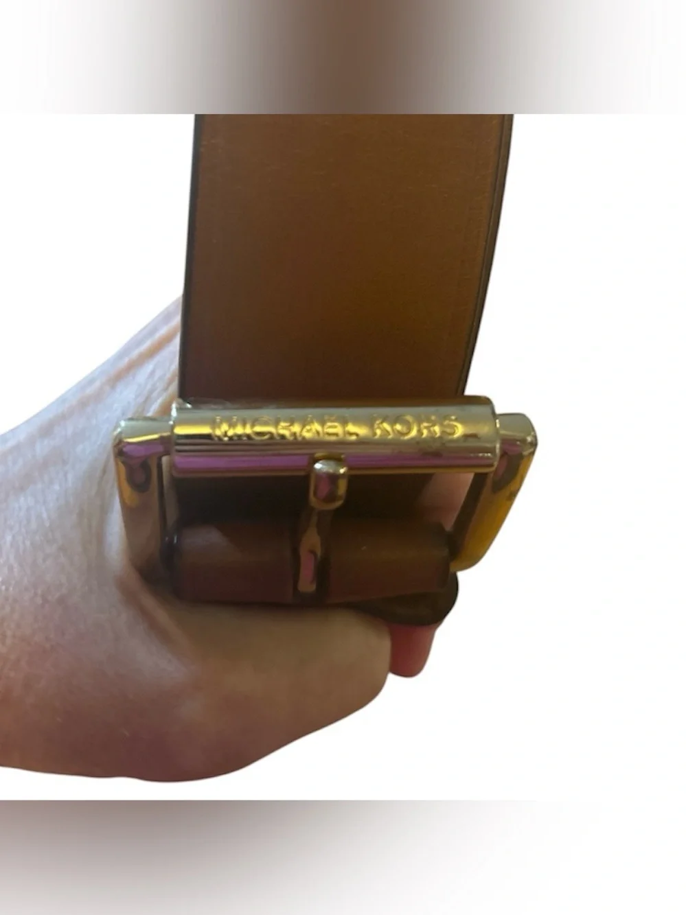 Michael Kors Women’s Brown Leather Belt with Gold MK Logo